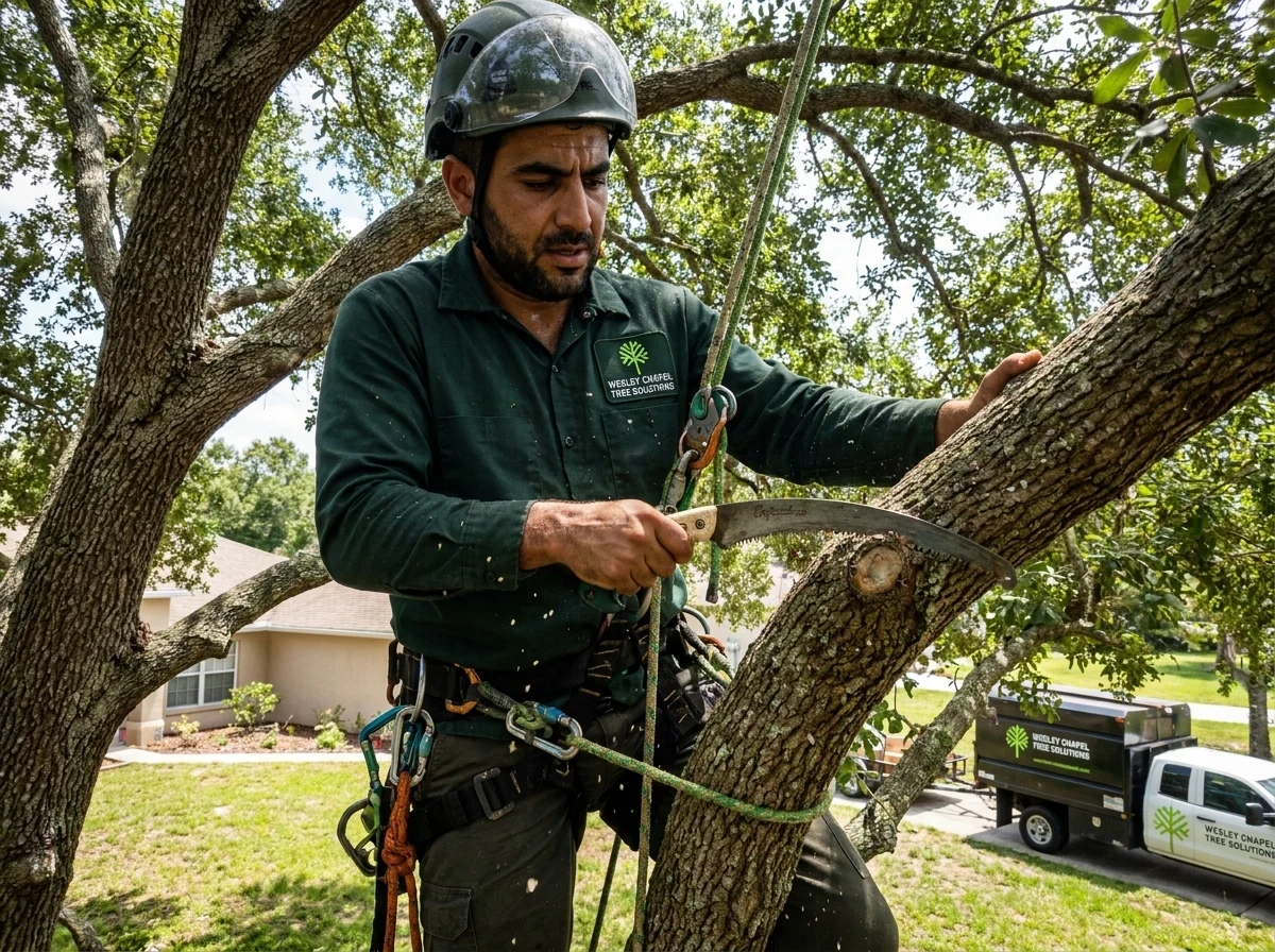 Wesley Chapel Tree Solutions arborist climbing a large oak for pruning work