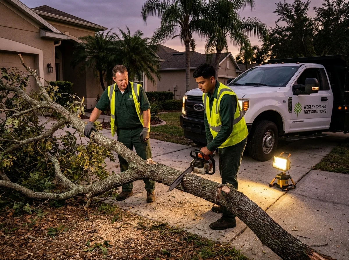 Wesley Chapel Tree Solutions crew responding to an emergency tree call at night