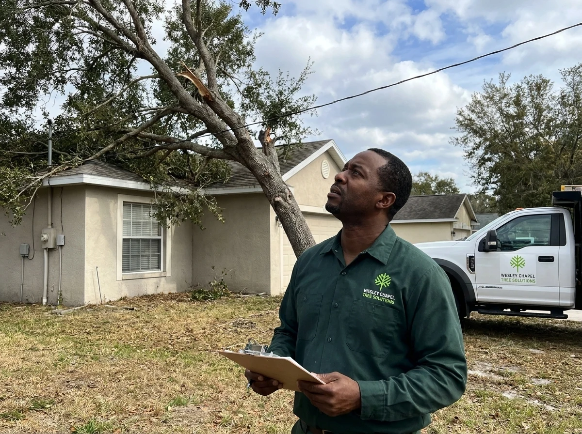Arborist assessing a leaning hazardous tree near a home in Wesley Chapel