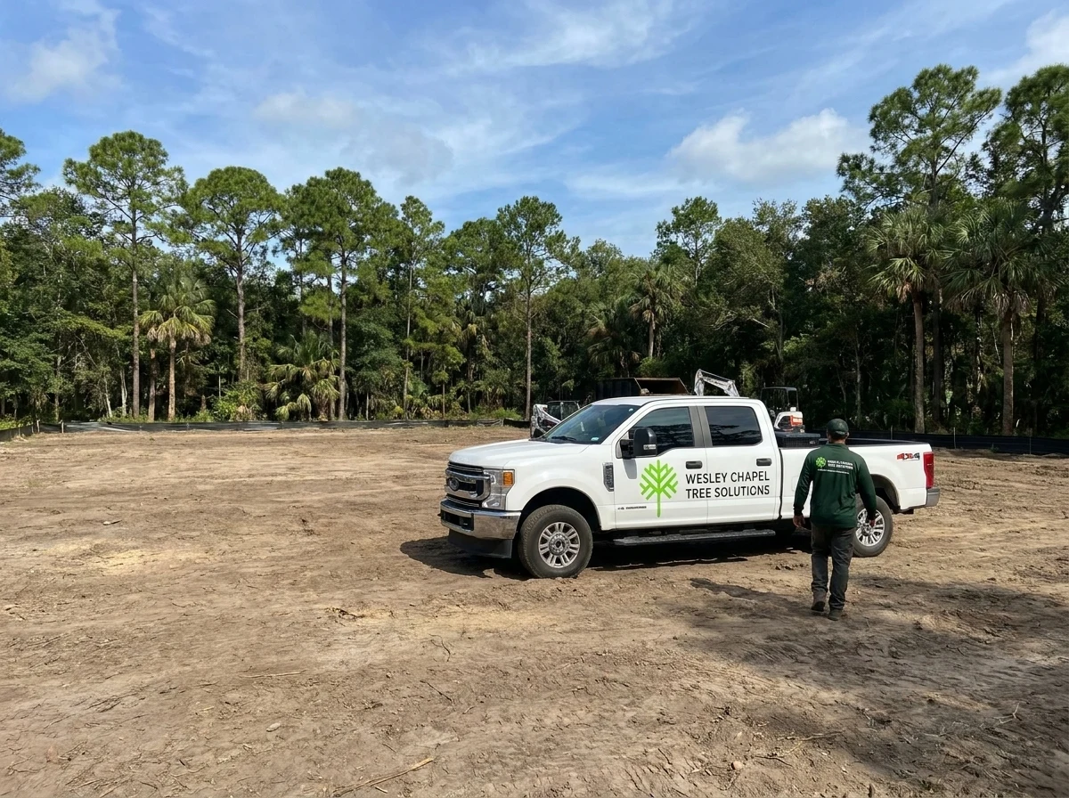 New-construction lot being cleared to bare ground in Wesley Chapel, Florida