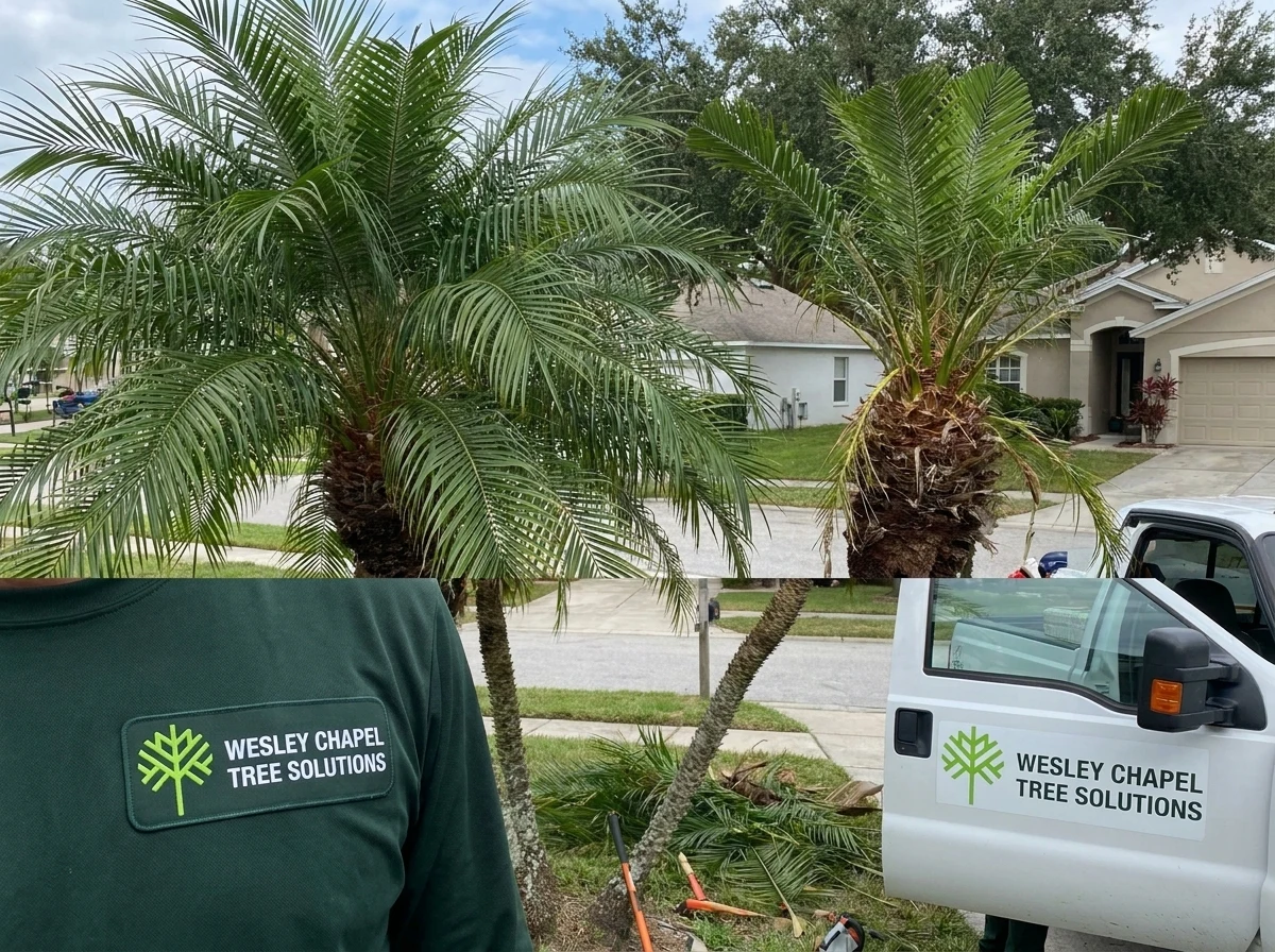 Comparison of a properly trimmed palm crown versus an over-trimmed palm crown
