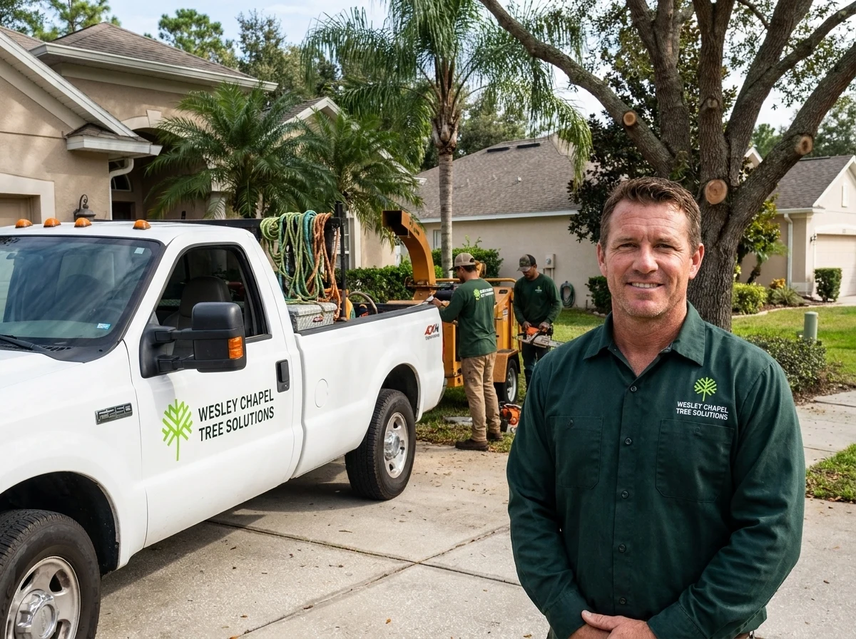 Owner of Wesley Chapel Tree Solutions on a job site in a company shirt