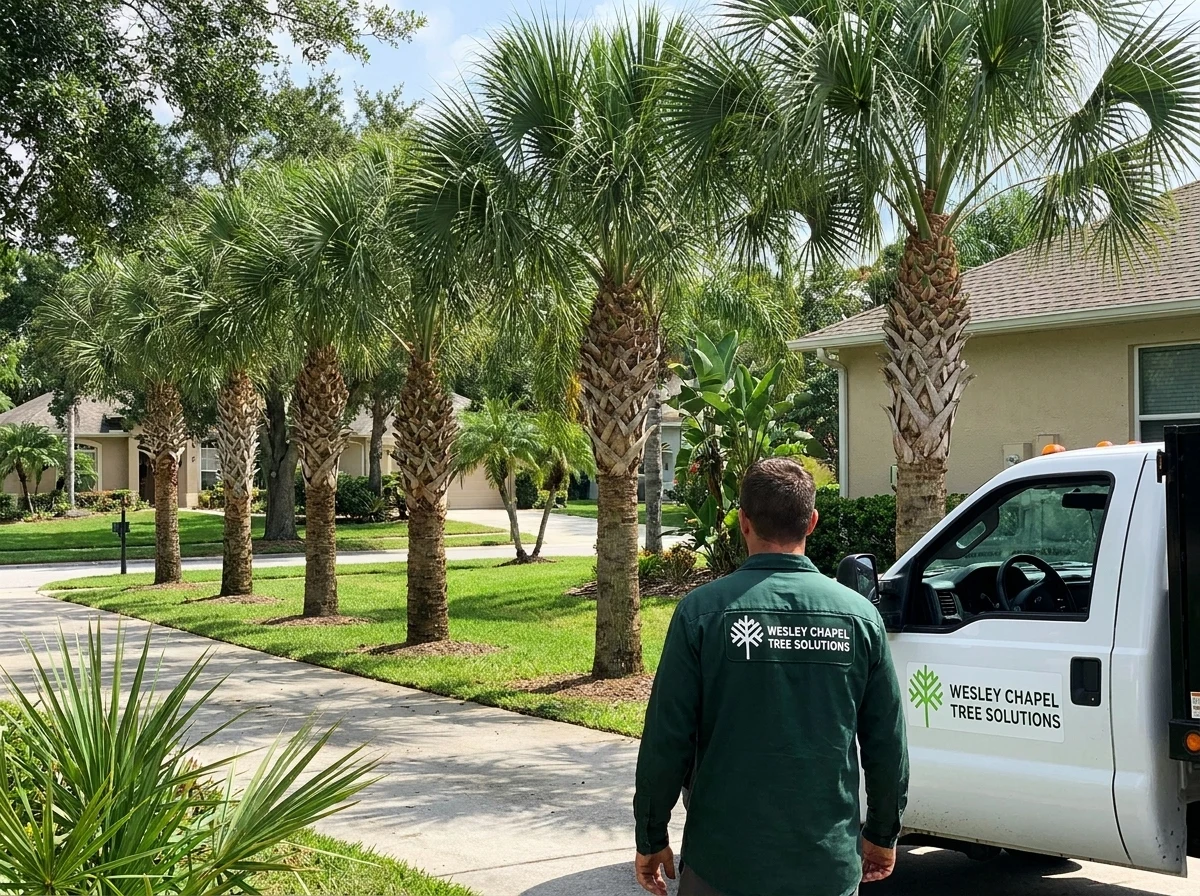 Properly trimmed sabal palm with only dead fronds removed in Wesley Chapel