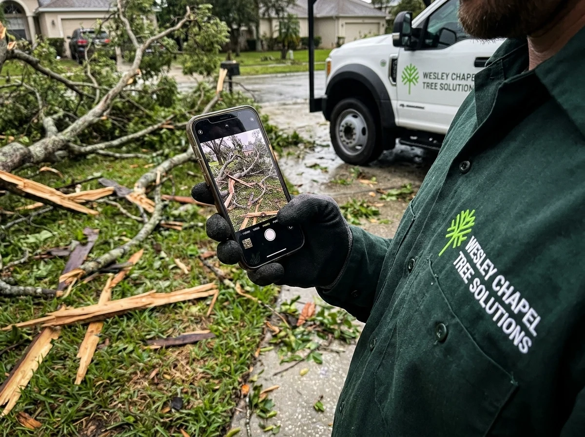 Storm-damaged tree being documented for an insurance claim in Wesley Chapel