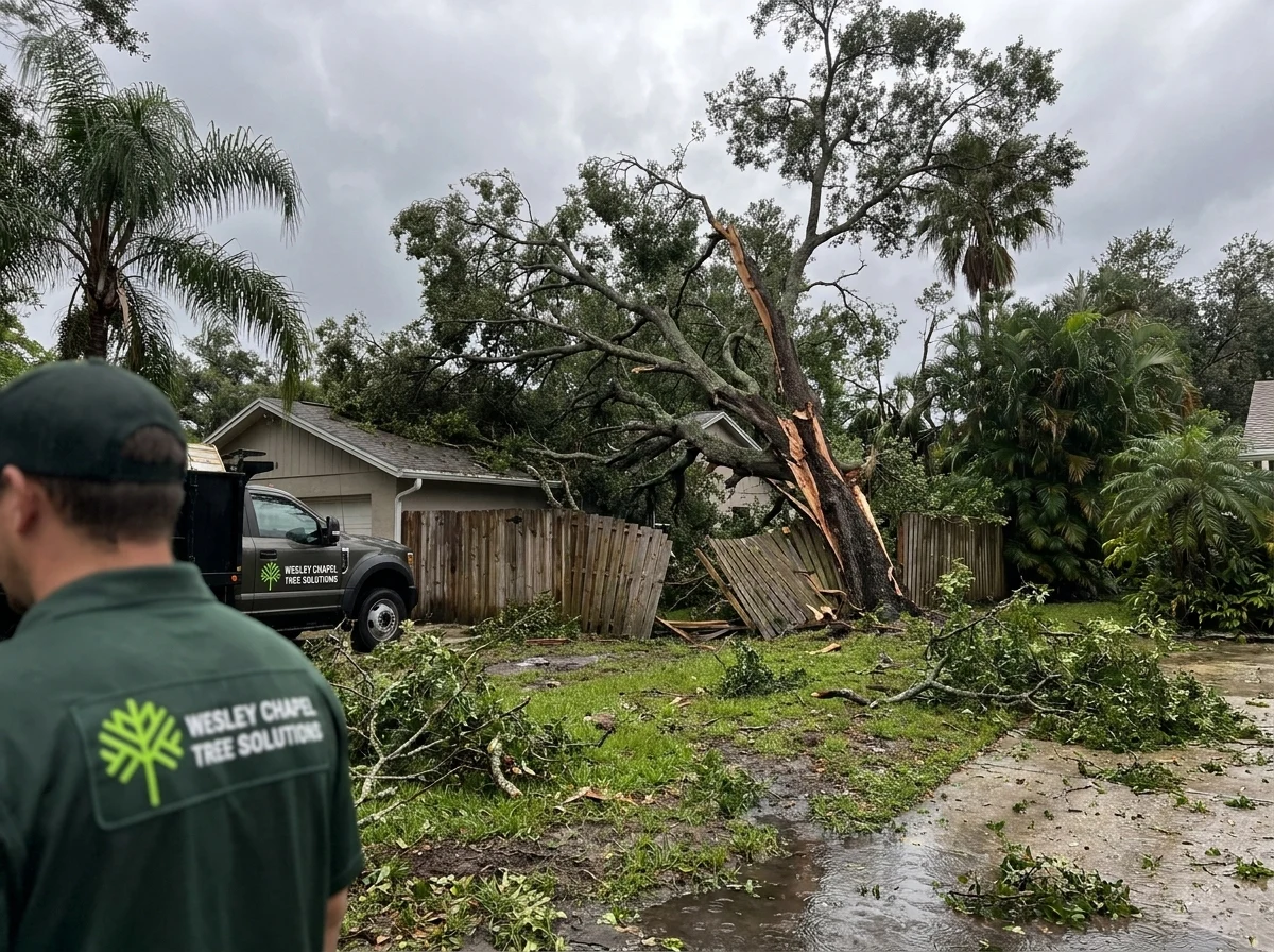 Storm-split oak tree being assessed for removal after a Tampa Bay storm