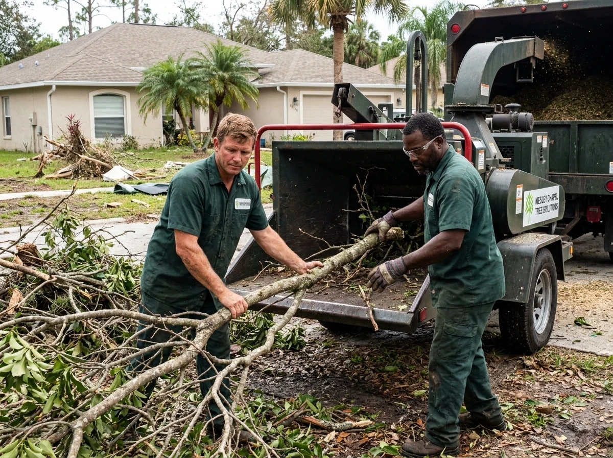Crew loading storm debris and tree limbs into a chipper truck in Wesley Chapel