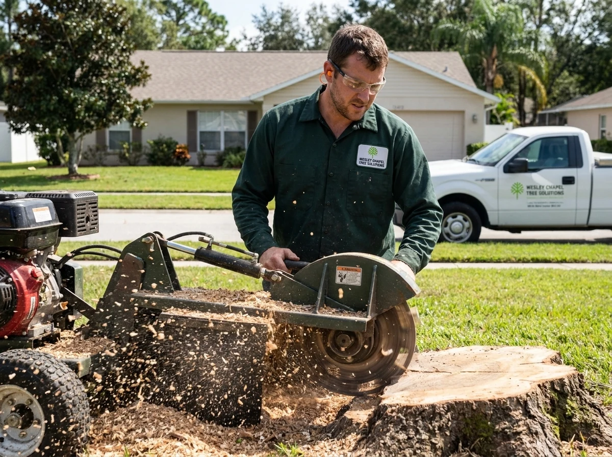 Technician grinding a large stump below grade in Seven Oaks
