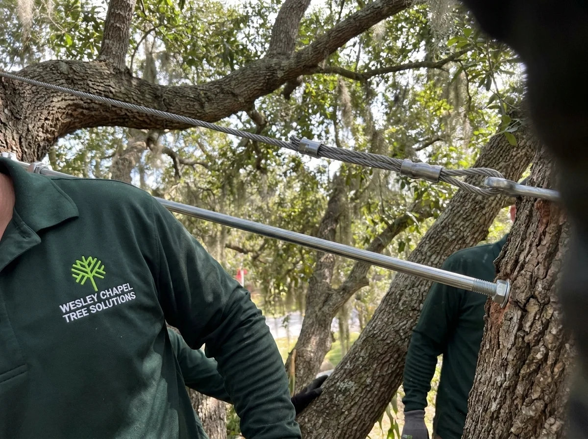 Completed tree bracing rod installation supporting a heavy limb union