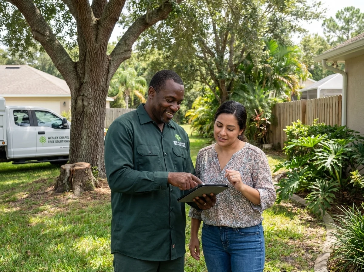 Arborist and homeowner reviewing tree removal options on a Wesley Chapel property