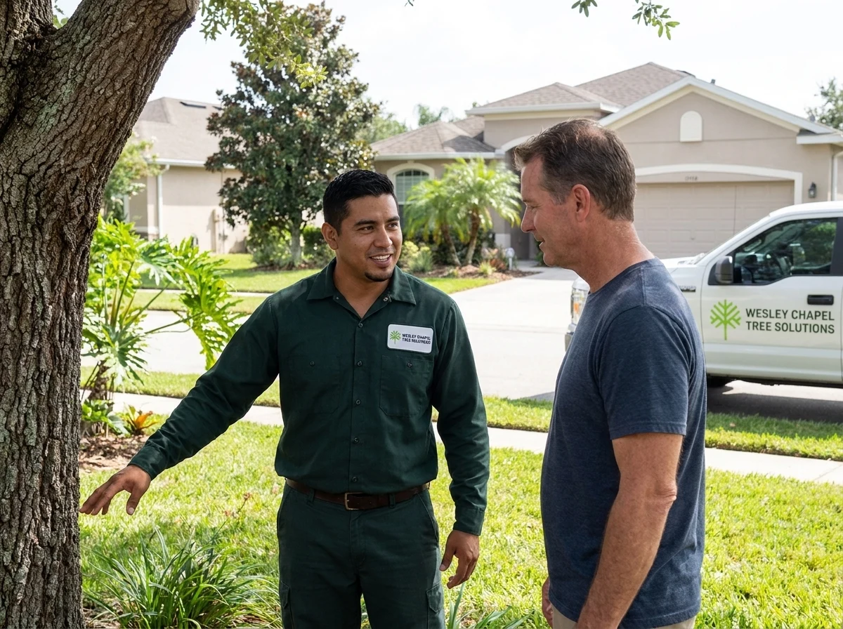 Wesley Chapel Tree Solutions technician explaining tree condition to a homeowner