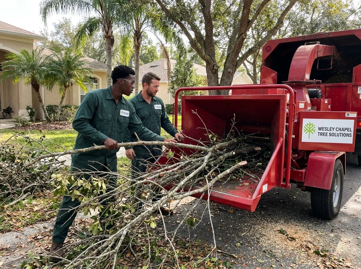 Crew loading tree debris and log rounds into a chipper truck for haul-off