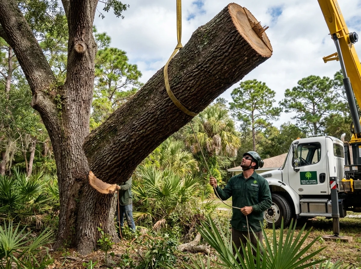 Crane-assisted large oak removal on a wooded lot in Meadow Pointe