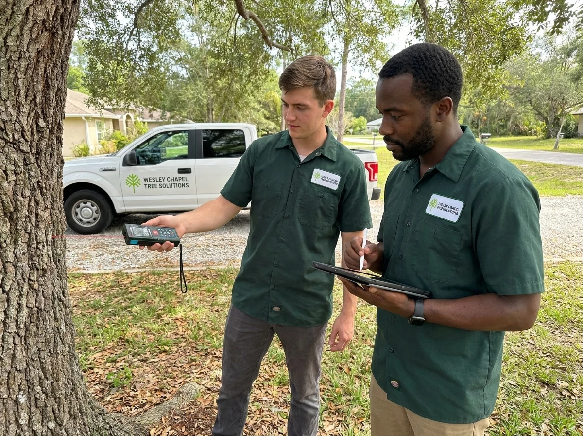 Tree removal crew measuring a tree during a free estimate visit