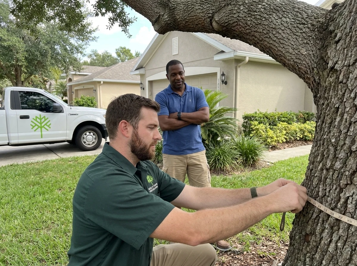 Wesley Chapel Tree Solutions estimator measuring a large oak tree with a homeowner