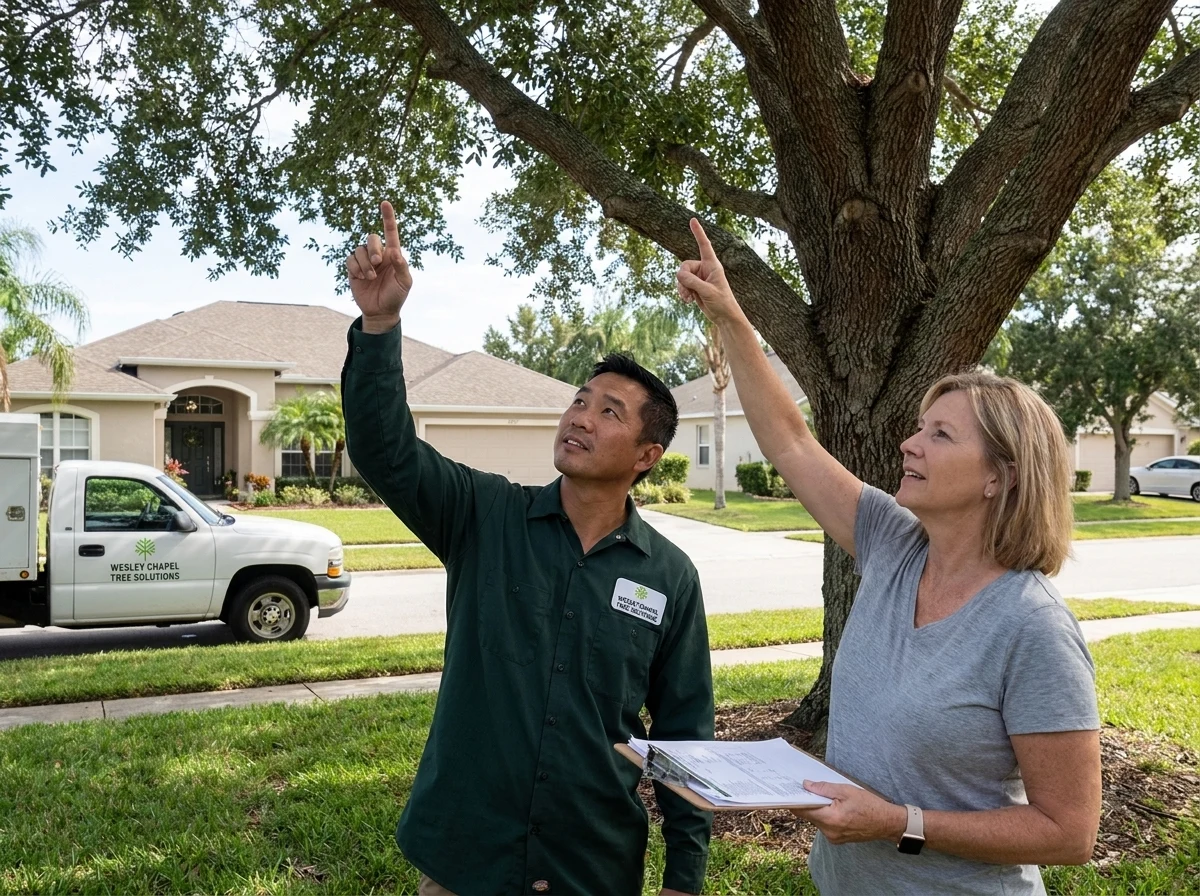 Arborist with a homeowner assessing a large oak tree in Wesley Chapel