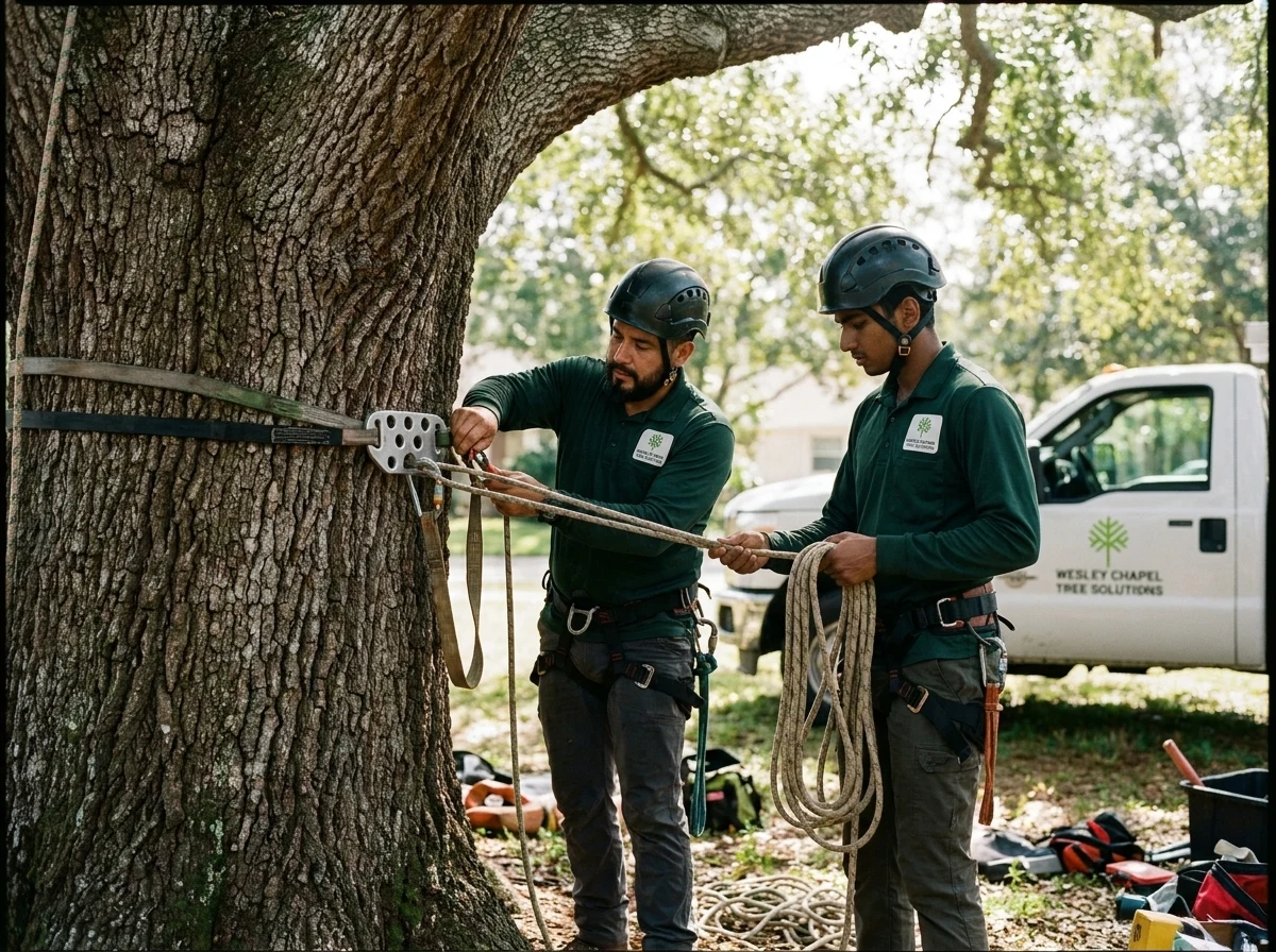 Crew setting up rigging ropes and rigging plates before a tree removal