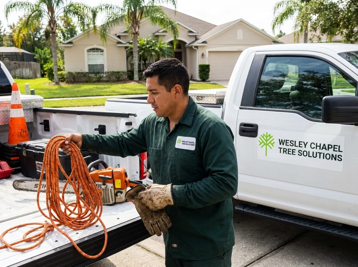 Wesley Chapel Tree Solutions technician arriving with equipment for a tree removal job