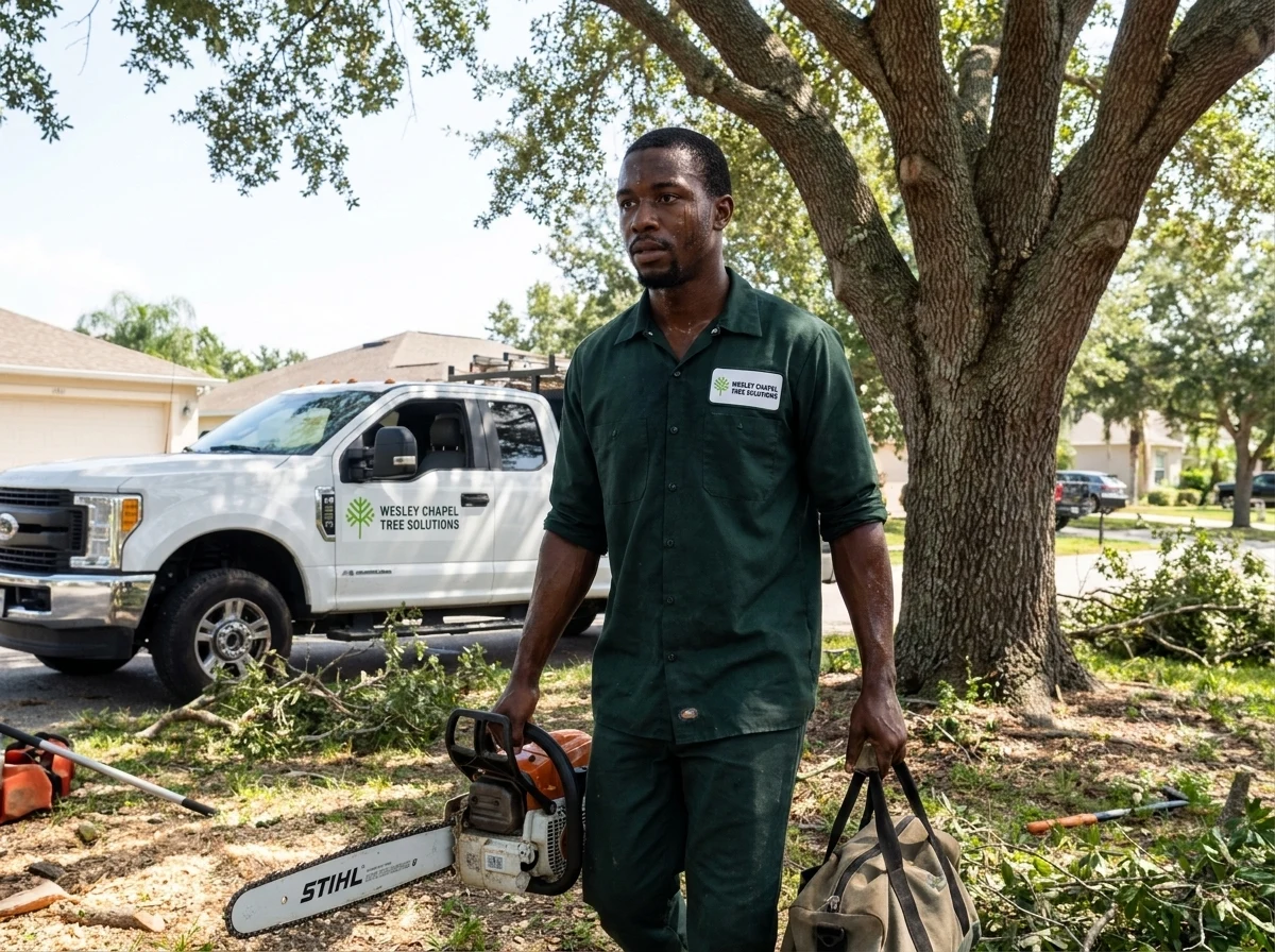 Wesley Chapel Tree Solutions technician carrying rigging gear across a job site