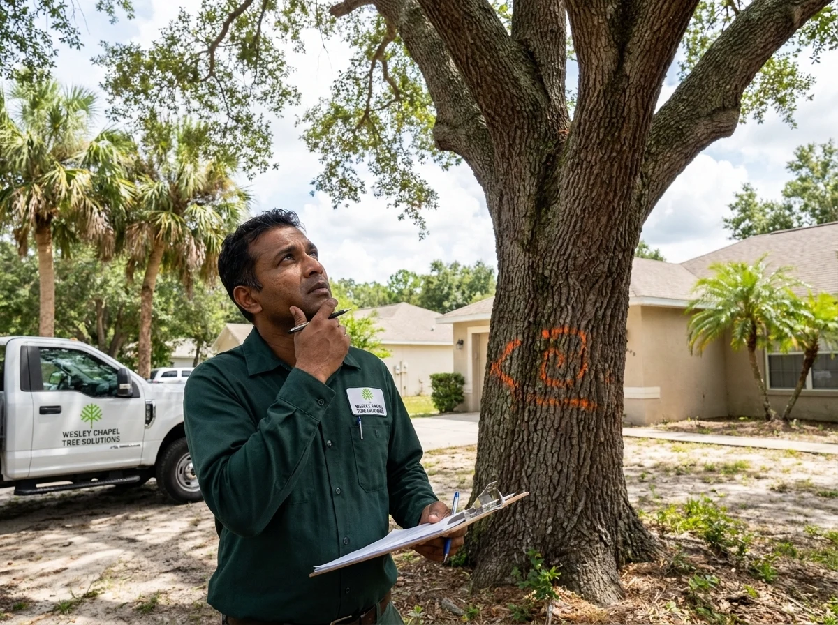 Wesley Chapel Tree Solutions technician assessing a large tree before removal