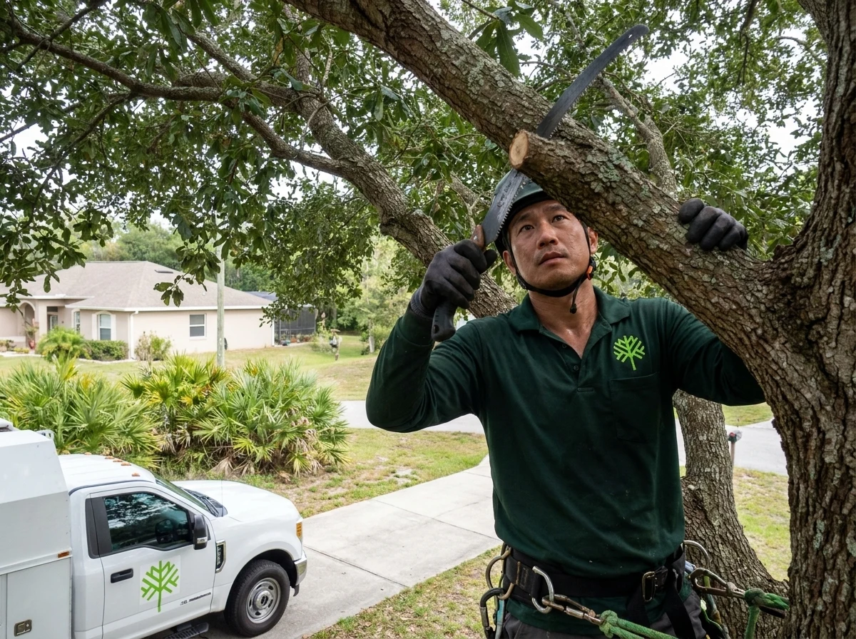 Arborist pruning a large live oak canopy in Wesley Chapel, FL
