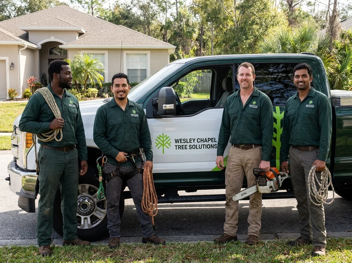 The Wesley Chapel Tree Solutions crew standing with their truck and rigging gear